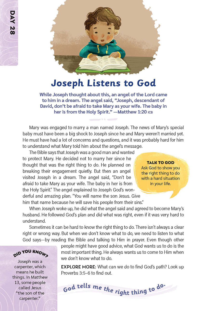 Devotional titled "Joseph Listens to God" showing a boy reading a Bible. Scripture from Matthew 1:20, a message about trust and obedience, a prayer prompt, and facts about Joseph as a carpenter.