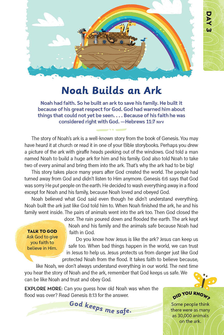 Devotional page titled ‘Noah Builds an Ark’ featuring a cartoon ark under a rainbow. Includes a Bible verse from Hebrews 11:7, a prayer prompt, and facts about the ark and God’s protection.