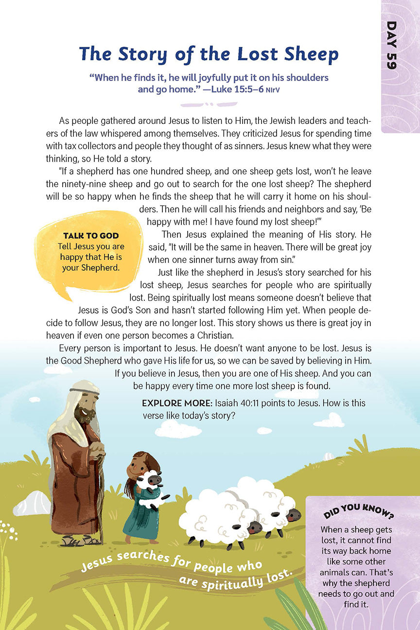Devotional page titled "The Story of the Lost Sheep" with an illustration of Jesus and a child holding a lamb, surrounded by sheep in a green pasture. Bible verse from Luke 15:5–6 and a prayer prompt are included.
