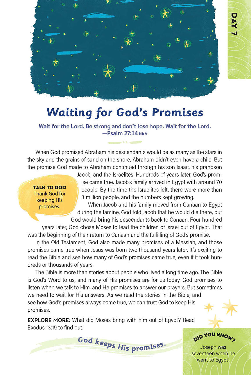 Devotional titled "Waiting for God’s Promises" with a starry night sky illustration. Includes Psalm 27:14, reflections on Abraham, Moses, and God's faithfulness, along with a prayer suggestion.