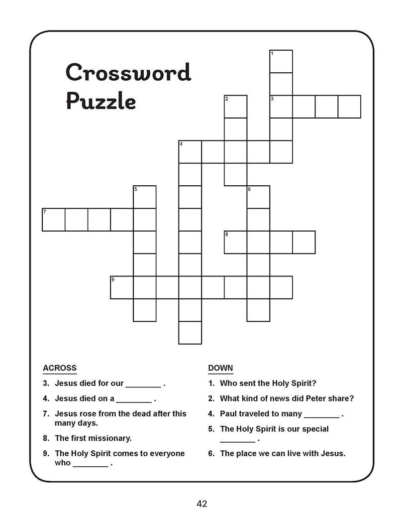 Christian activity page for kids with a Bible crossword puzzle covering Jesus, the Holy Spirit, and resurrection truths.