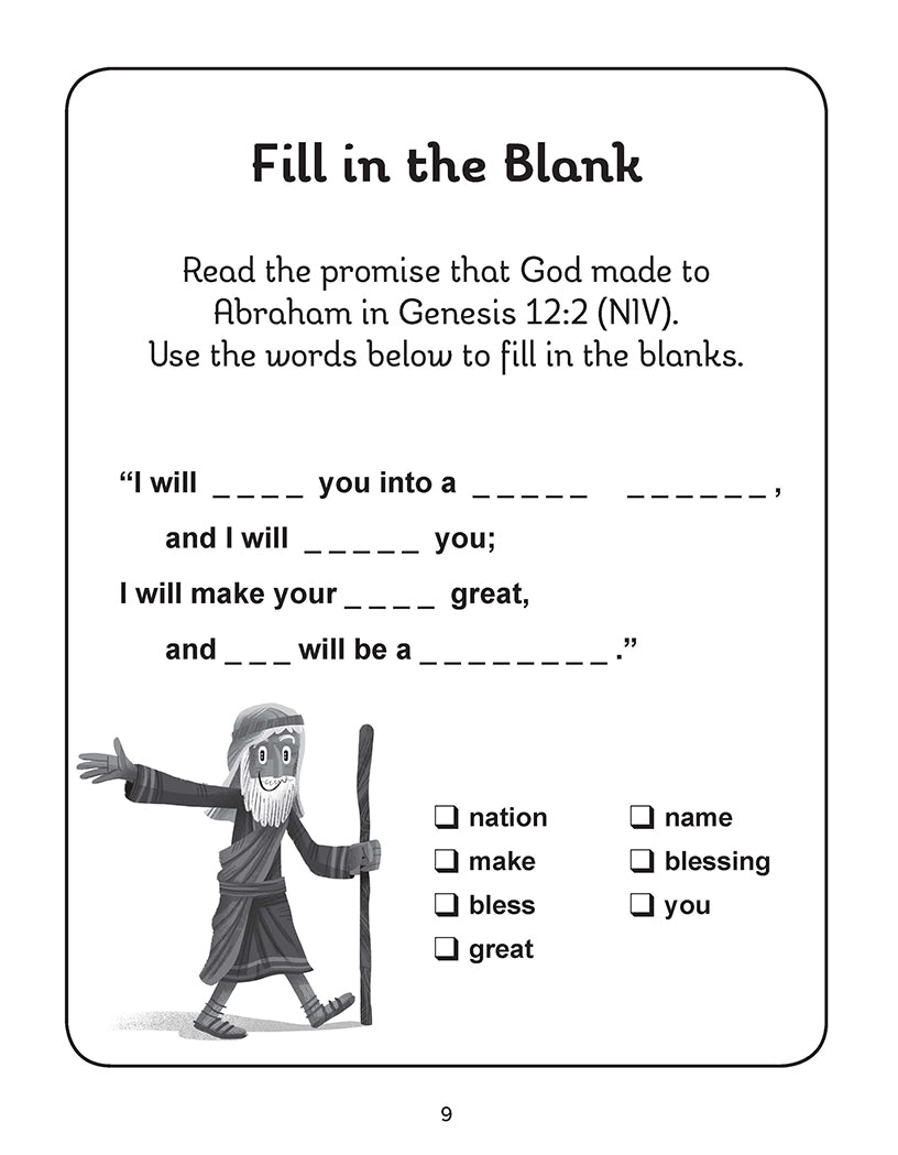 Bible activity page for kids with fill-in-the-blank exercise based on God's promise to Abraham in Genesis 12:2.