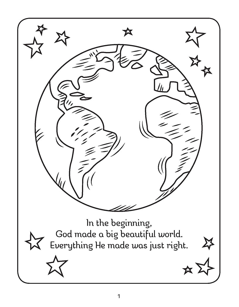 Christian colouring page for kids showing Earth and stars with Bible verse about God creating the world.