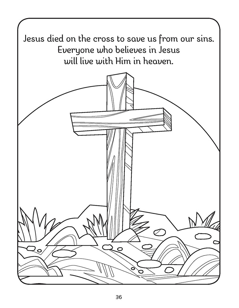 Christian kids colouring page featuring a wooden cross and verse about Jesus dying for our sins.