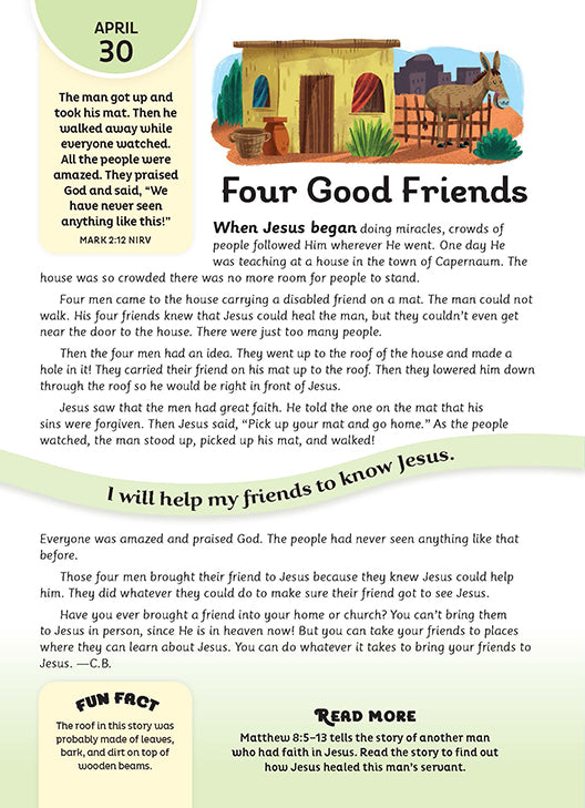 Devotional page called “Four Good Friends” with Mark 2:12 and an illustrated house, donkey, and story of healing.
