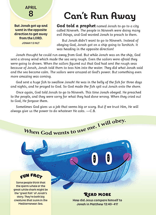 Devotional titled “Can’t Run Away” featuring Jonah’s story with a smiling whale and Jonah 1:3 scripture.