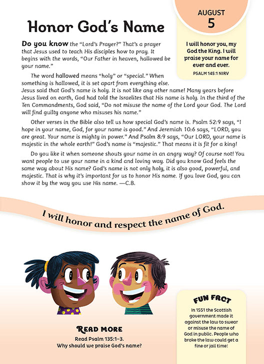 Children’s devotional page titled “Honor God’s Name” with colorful illustrations of two smiling kids and Bible verses.