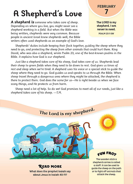 Children’s devotional about “A Shepherd’s Love” with Psalm 23:1 and illustration of a shepherd with sheep and a staff.