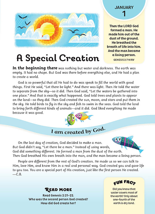 Devotional for kids titled “A Special Creation,” featuring sun, ocean, and fish illustrations with Genesis 2:7 scripture.