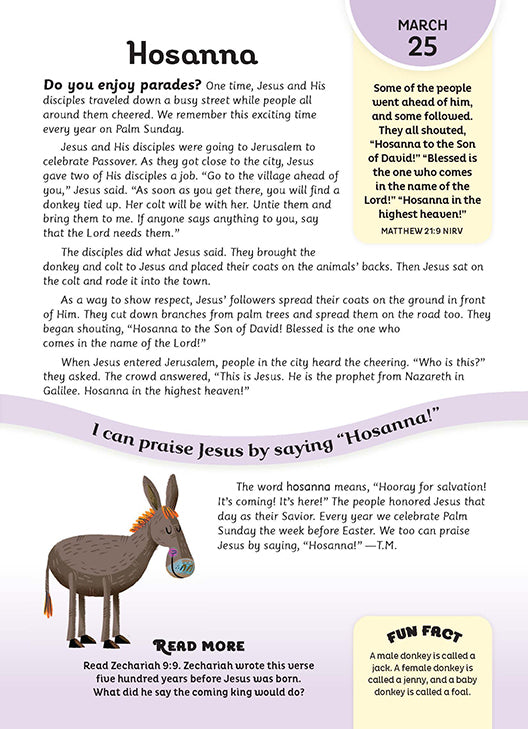 Devotional page titled “Hosanna” with Matthew 21:9 scripture, a donkey illustration, and a fun fact about Palm Sunday.