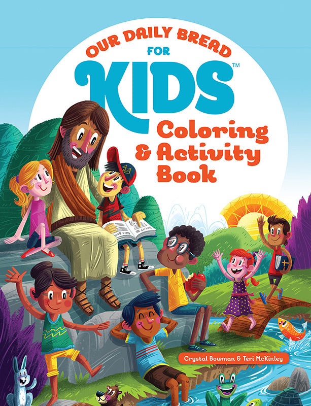 Cover of “Our Daily Bread for Kids: Colouring & Activity Book” with Jesus and diverse children learning and playing outdoors.