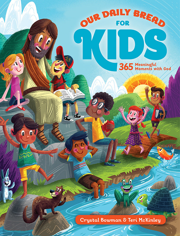 Illustrated cover of “Our Daily Bread for Kids” showing Jesus with happy children outdoors, reading and playing by a stream.