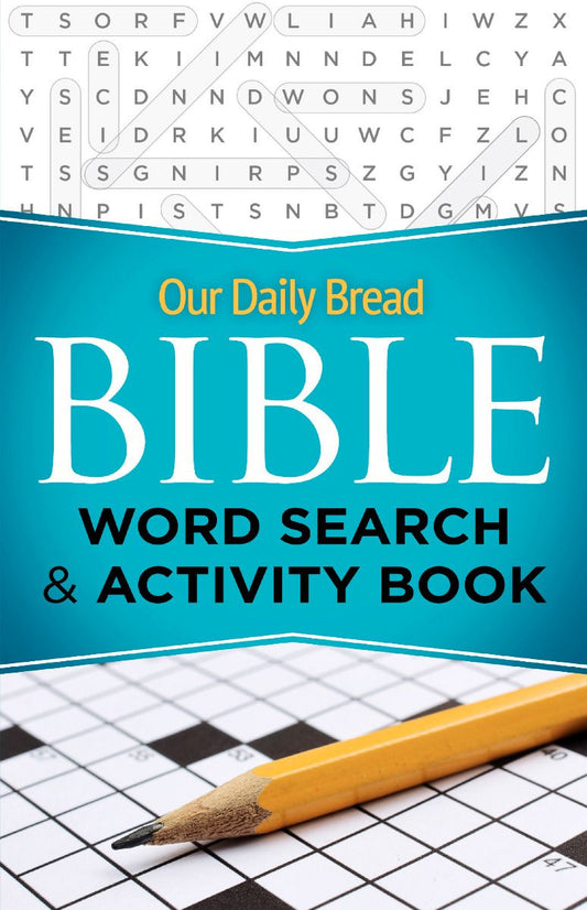 Front cover of Bible Word Search and Activity Book. Shows crossword and word find.