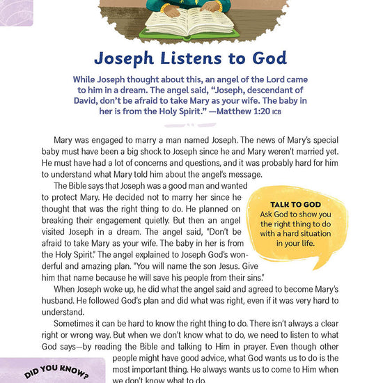 Devotional titled "Joseph Listens to God" showing a boy reading a Bible. Scripture from Matthew 1:20, a message about trust and obedience, a prayer prompt, and facts about Joseph as a carpenter.