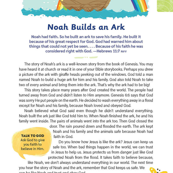 Devotional page titled ‘Noah Builds an Ark’ featuring a cartoon ark under a rainbow. Includes a Bible verse from Hebrews 11:7, a prayer prompt, and facts about the ark and God’s protection.