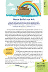 Devotional page titled ‘Noah Builds an Ark’ featuring a cartoon ark under a rainbow. Includes a Bible verse from Hebrews 11:7, a prayer prompt, and facts about the ark and God’s protection.