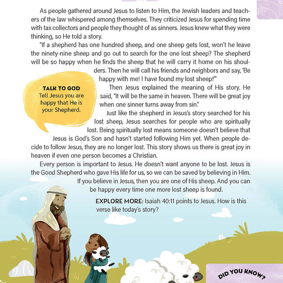 Devotional page titled "The Story of the Lost Sheep" with an illustration of Jesus and a child holding a lamb, surrounded by sheep in a green pasture. Bible verse from Luke 15:5–6 and a prayer prompt are included.