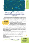 Devotional titled "Waiting for God’s Promises" with a starry night sky illustration. Includes Psalm 27:14, reflections on Abraham, Moses, and God's faithfulness, along with a prayer suggestion.