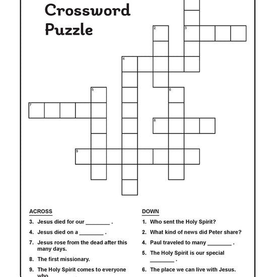 Christian activity page for kids with a Bible crossword puzzle covering Jesus, the Holy Spirit, and resurrection truths.