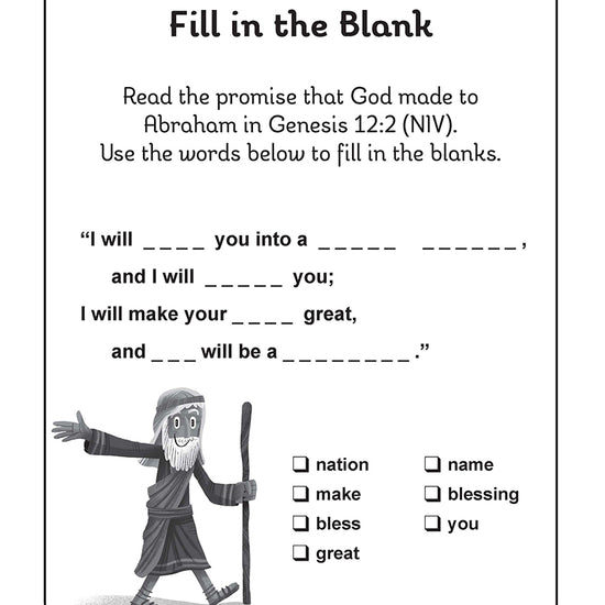 Bible activity page for kids with fill-in-the-blank exercise based on God's promise to Abraham in Genesis 12:2.