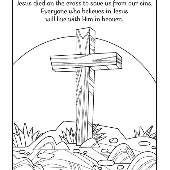 Christian kids colouring page featuring a wooden cross and verse about Jesus dying for our sins.