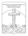 Christian kids colouring page featuring a wooden cross and verse about Jesus dying for our sins.