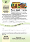 Devotional page called “Four Good Friends” with Mark 2:12 and an illustrated house, donkey, and story of healing.