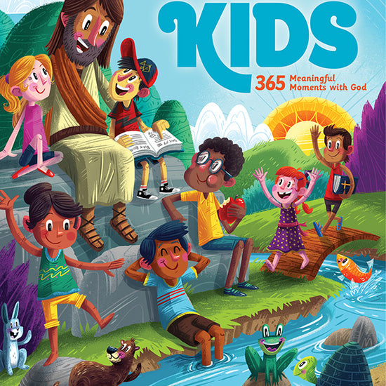 Illustrated cover of “Our Daily Bread for Kids” showing Jesus with happy children outdoors, reading and playing by a stream.